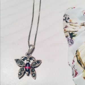 Sterling Silver Marcasite Red Butterfly Necklace